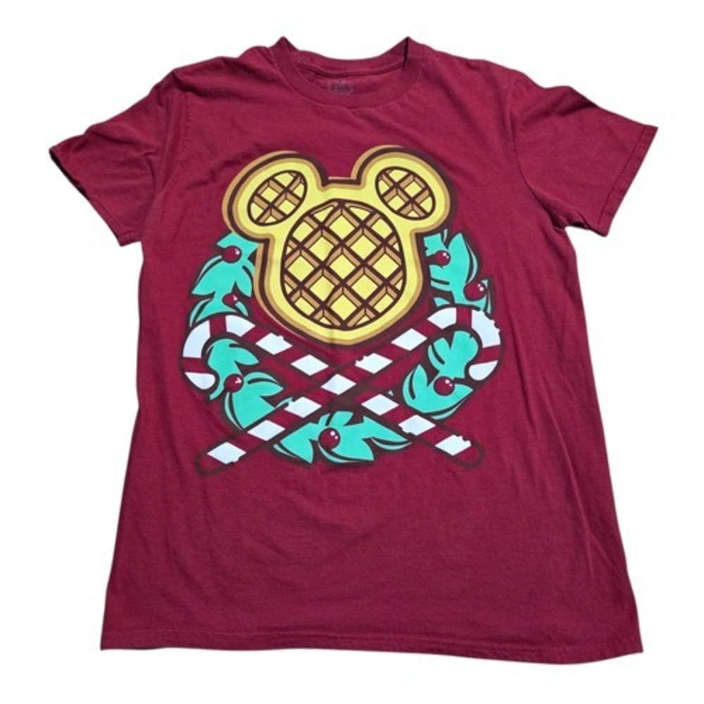 The Lost Bros Mickey Mouse Christmas Waffle Wreath Candy Cane Red T-Shirt Medium